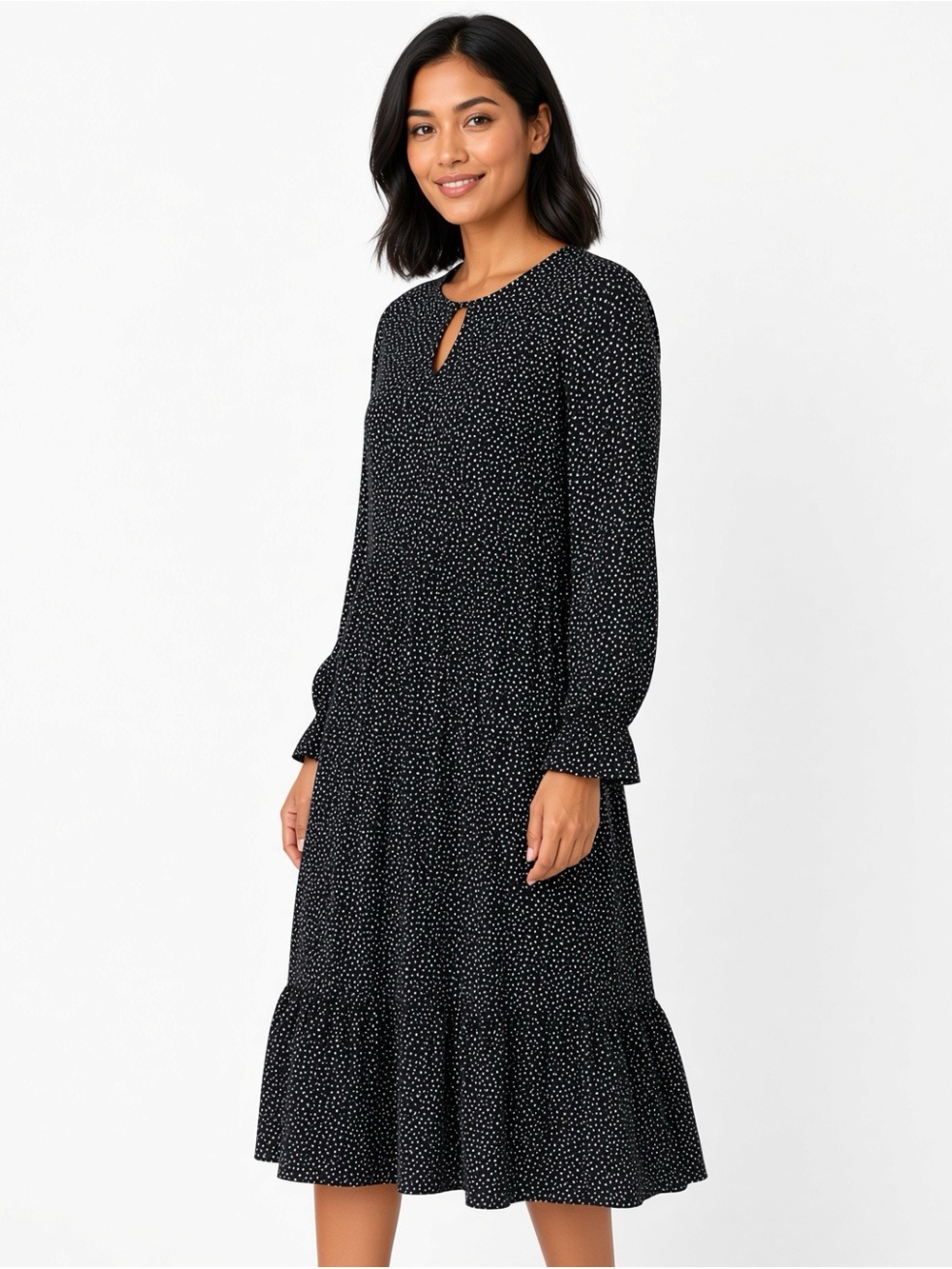Reserved Black Long Sleeve Tiered Midi Dress with Subtle Dot Print XL NWT